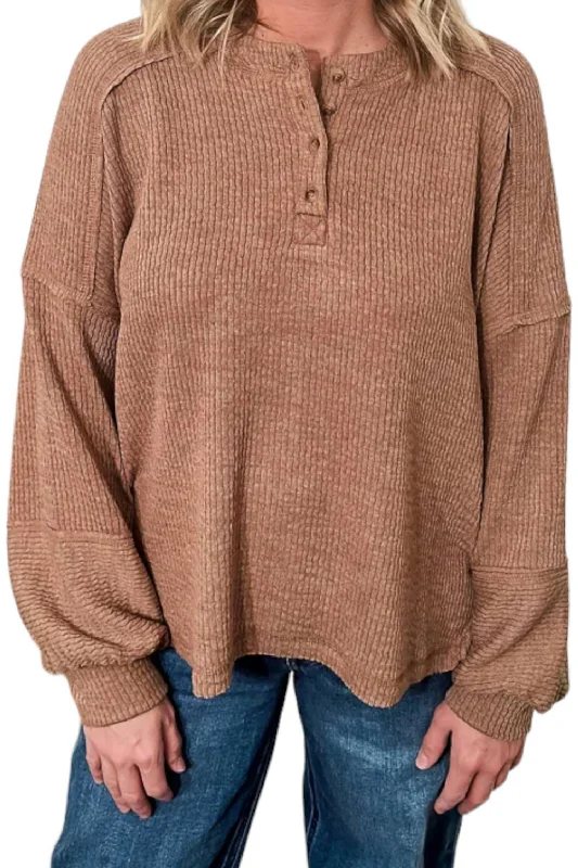 Rib Knit Henley Top In Brown