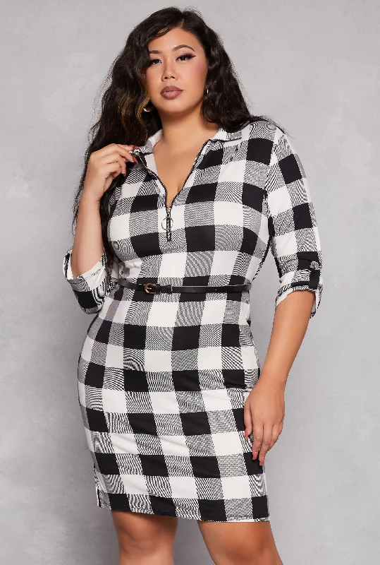 Plus Size Plaid Half Zip Belted Midi Dress