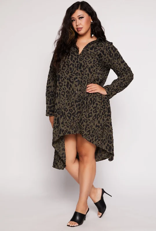 Plus Size Animal Print Button Front Shirt Dress