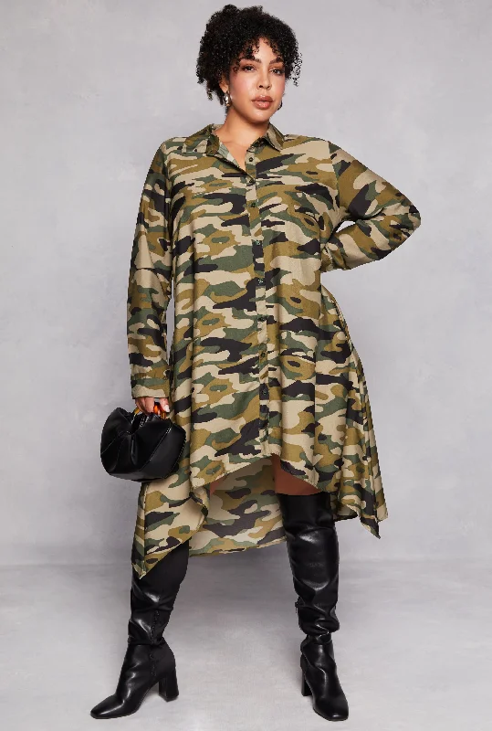 Plus Size Camo High Low Shirt Dress