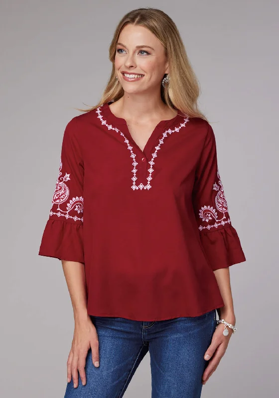 Roper Womens Bell Sleeve Pullover Red 100% Polyester S/S Blouse