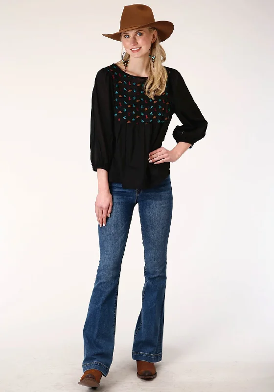 Roper Womens Black 100% Cotton Boots and Stars 3/4 Sleeve Blouse