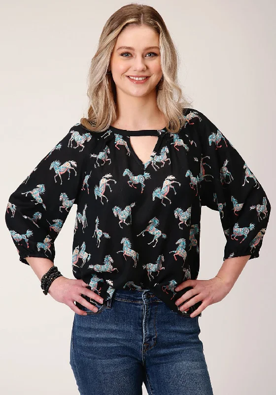 Roper Womens Black Rayon/Nylon Wild Horses 3/4 Sleeve Blouse