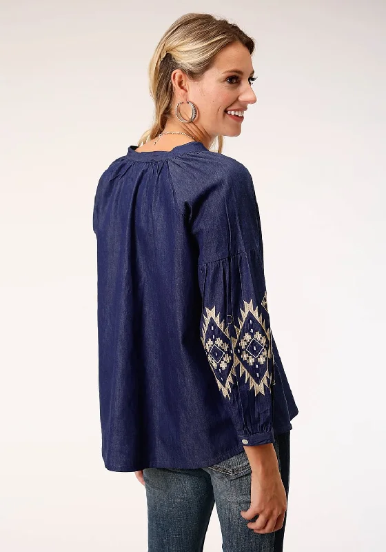 Roper Womens Indigo Denim 100% Cotton Bishop Sleeves S/S Blouse