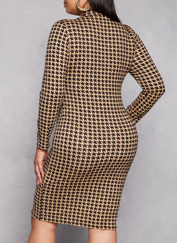 Plus Size Houndstooth Mock Neck Long Sleeve Dress