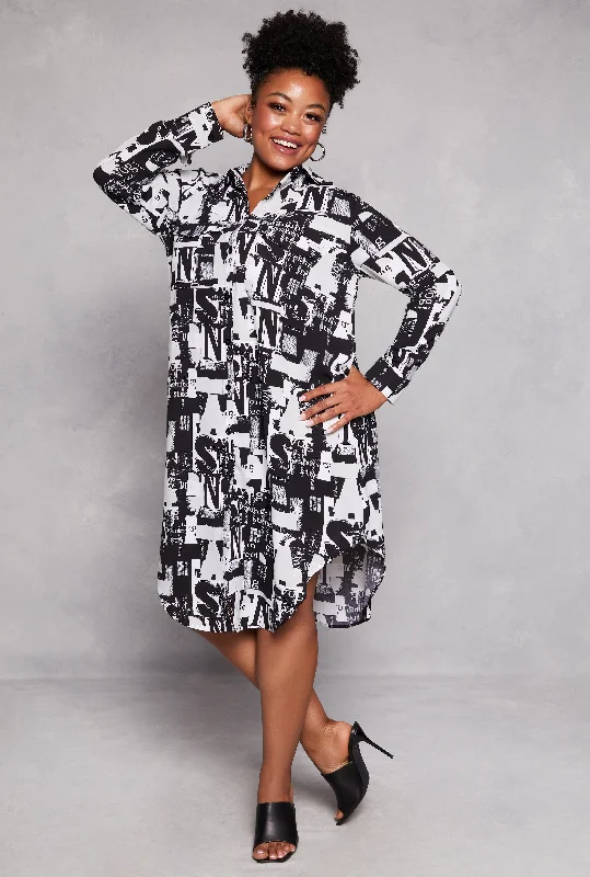 Plus Size Abstract Printed Button Front Shirt Dress