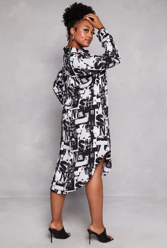 Plus Size Abstract Printed Button Front Shirt Dress