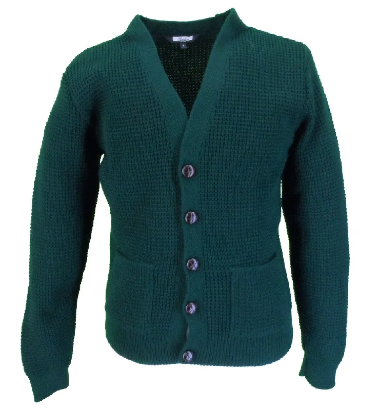 Relco Classic Retro Waffle Knit Dark Green Cardigan