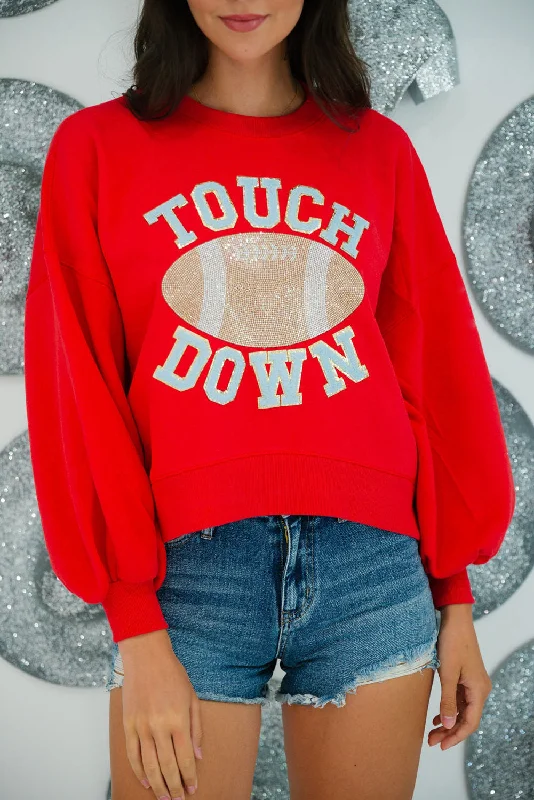 Fiery Red TOUCH DOWN Rugby Graphic Pullover Sweatshirt