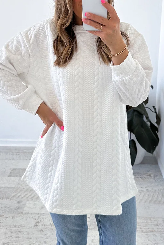 White Twist Textured Long Sleeve Plain Pullover