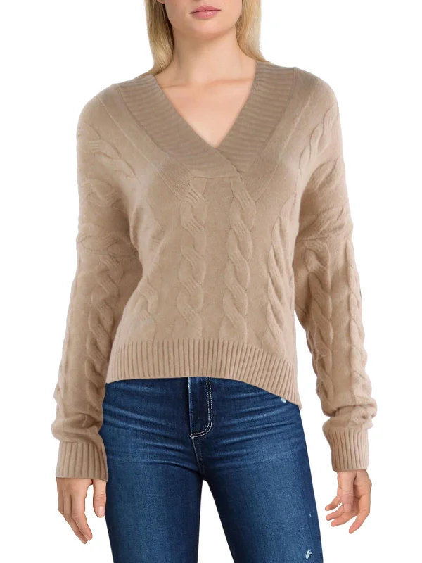 Womens Cable Knit V-Neck Pullover Sweater