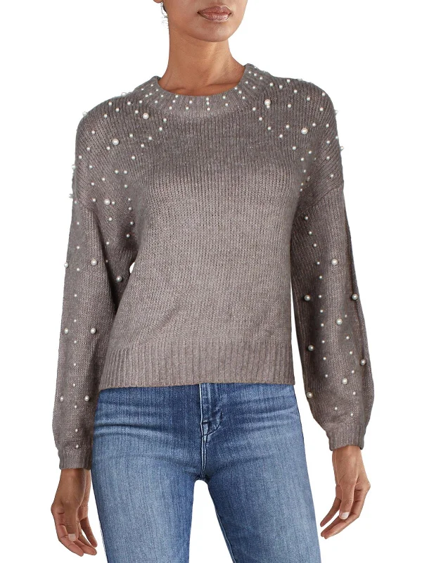 Womens Embellished Balloon Sleeve Pullover Sweater