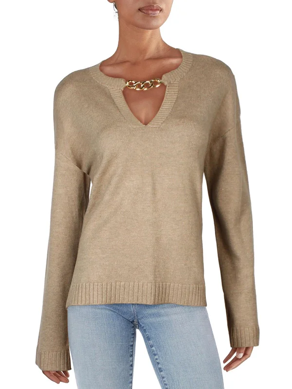 Womens Keyhole Neck Chain Pullover Sweater