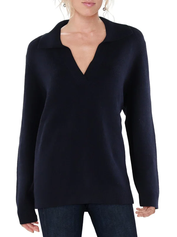 Womens Polo Ribbed Knit Pullover Sweater