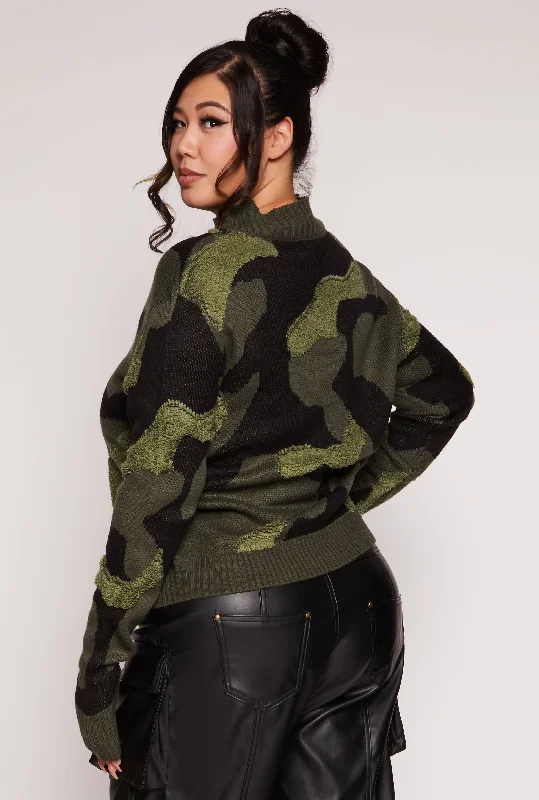 Plus Size Camo Boucle Detail Pullover Sweater