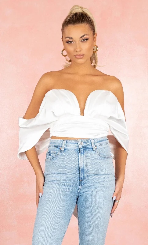 Almost An Angel White Drape Sleeves Strapless Off The Shoulder Plunge V Neck Bow Back Crop Top Blouse