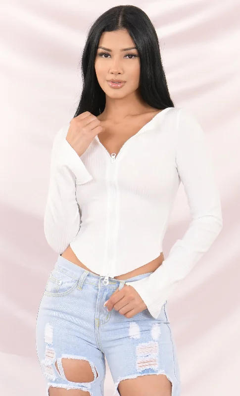 Baby Girl White Ribbed Double Zipped Long Sleeve V Neck Crop Rounded Hem Knit Top