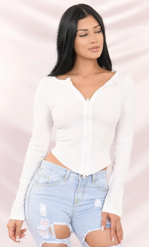 Baby Girl White Ribbed Double Zipped Long Sleeve V Neck Crop Rounded Hem Knit Top