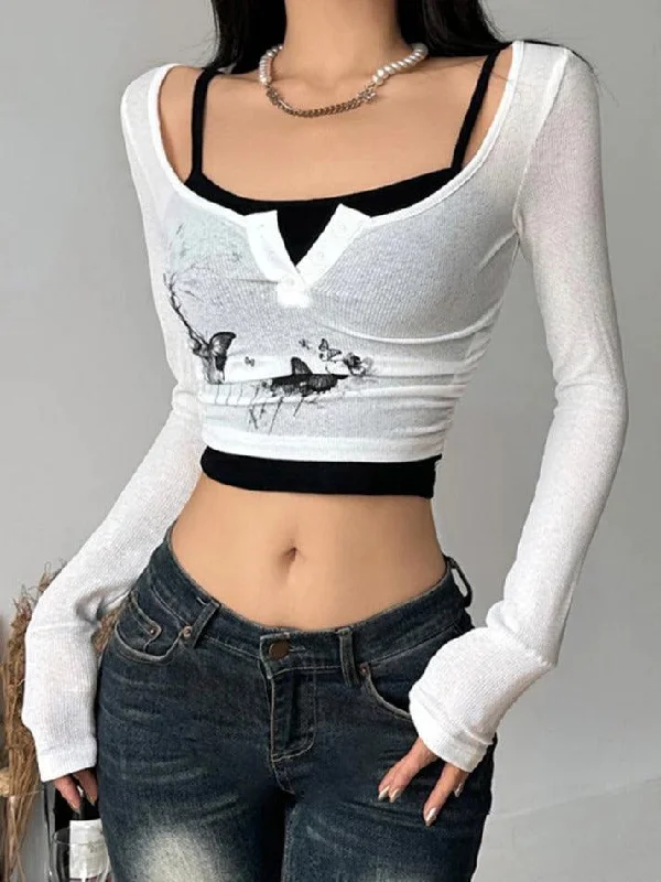 Butterfly Print Square Neck Ruched Crop Long Sleeve Knit