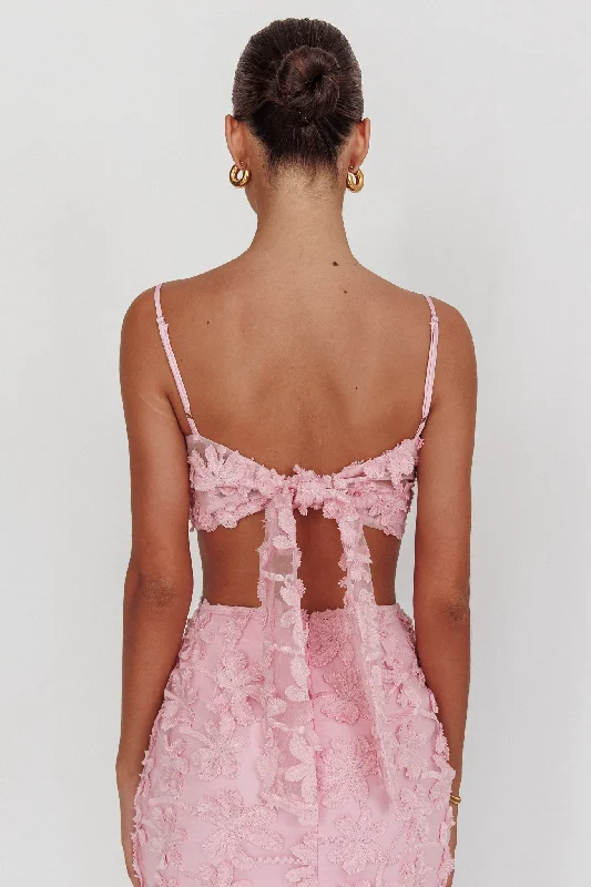 Casi Tied Back Crop Top Embroidered Baby Pink