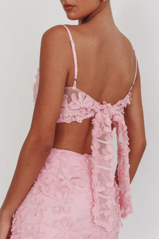 Casi Tied Back Crop Top Embroidered Baby Pink