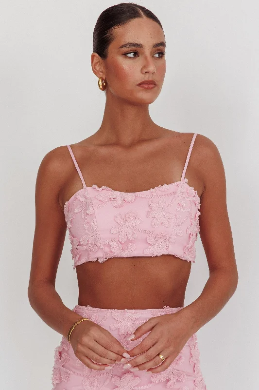 Casi Tied Back Crop Top Embroidered Baby Pink