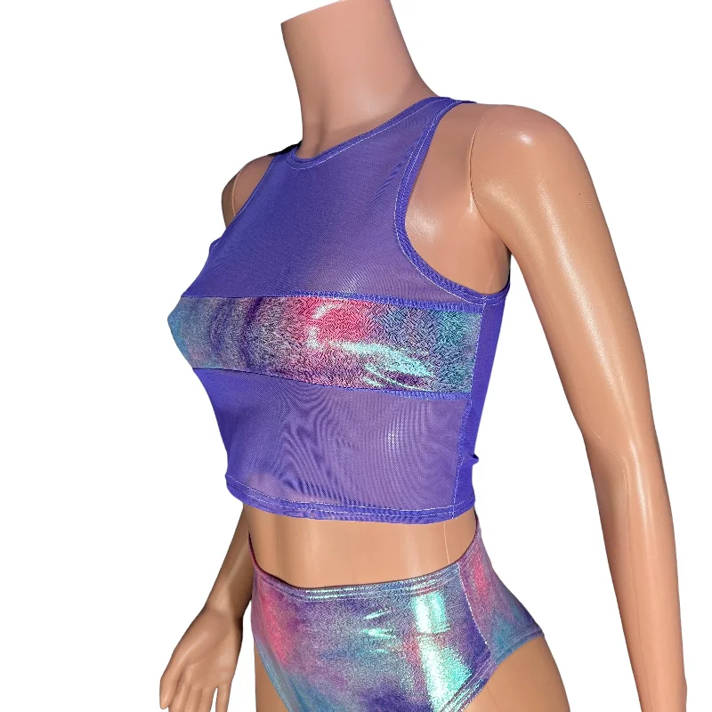 Censor Crop Tank - Lavender Mesh w/ Rainbow Mystique Tie Dye Holographic