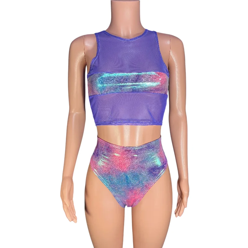 Censor Crop Tank - Lavender Mesh w/ Rainbow Mystique Tie Dye Holographic