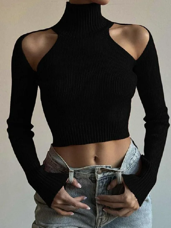 Cold Shoulder Black Knit Crop Top