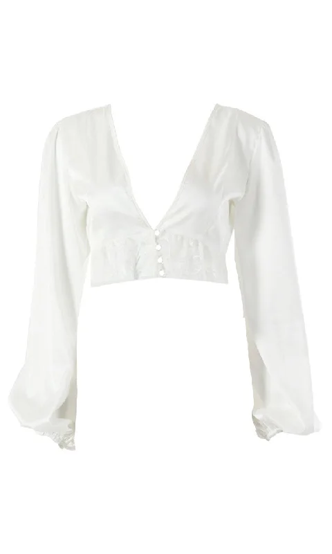 Come Fly With Me White Long Lantern Sleeve Lace Trim V Neck Button Crop Top Blouse - 2 Colors Available