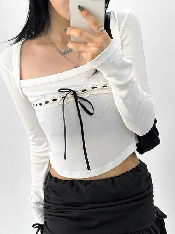 Long Sleeve Square-Neck Lace Panel Bow Accent Plain Crop Top