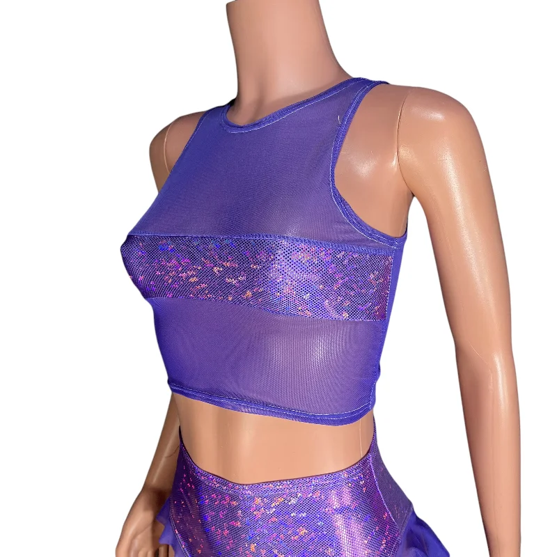 Mesh Censor Crop Tank - Lavender Mesh w/ Shattered Glass Holographic