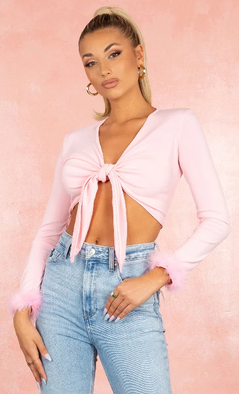 Piece Of Candy Pink Long Sleeve Feather Cuff Plunge V Neck Tie Front Crop Top