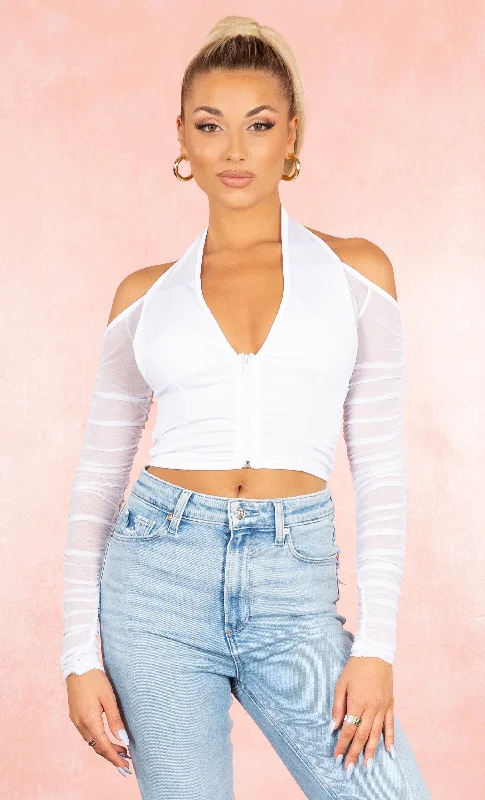 Play On Words White Sheer Mesh Ruched Long Sleeve Cold Shoulder Halter Plunge V Neck Zip Crop Top