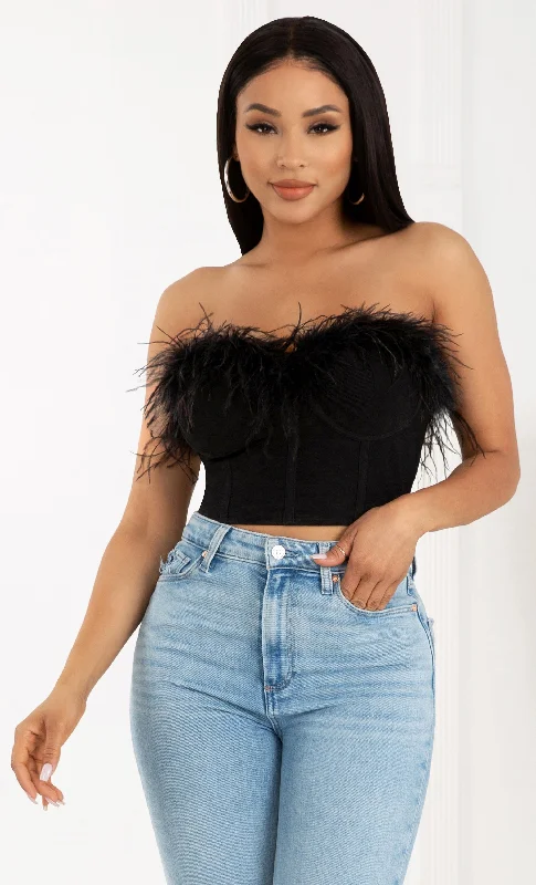 Play With Fire Black Bandage Stretch Strapless Feather Trim Bustier Crop Top