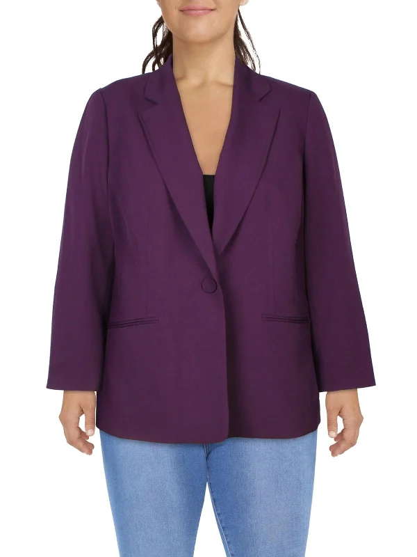 Plus Womens Solid Polyester One-Button Blazer