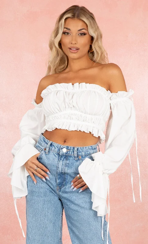 Pretty Peasant White Long Puff Sleeve Smocked Ruffled Off The Shoulder Crop Top Blouse Pretty Peasant White Long Puff Sleeve Smocked Ruffled Off The Shoulder Crop Top Blouse