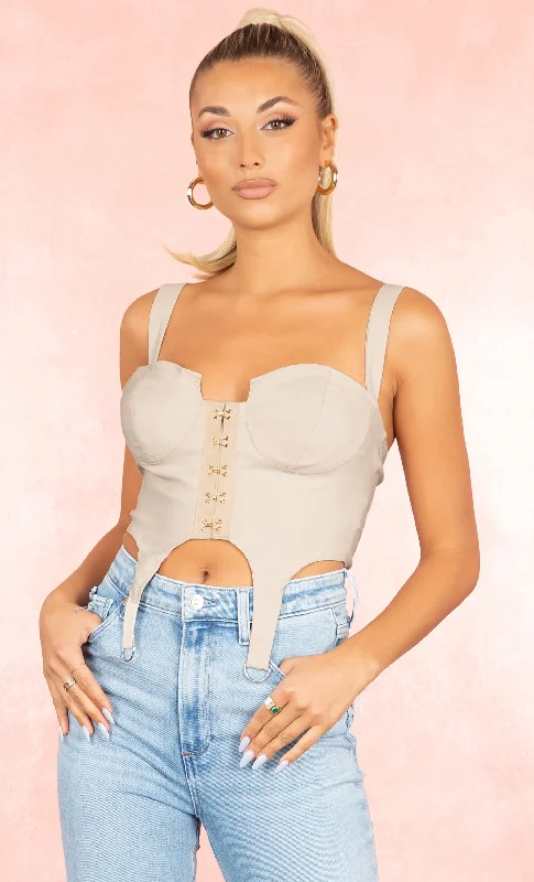 Private Show<br><span> Beige Sleeveless Bustier Sweetheart Neck Garter Hook And Eye Crop Top Blouse</span>