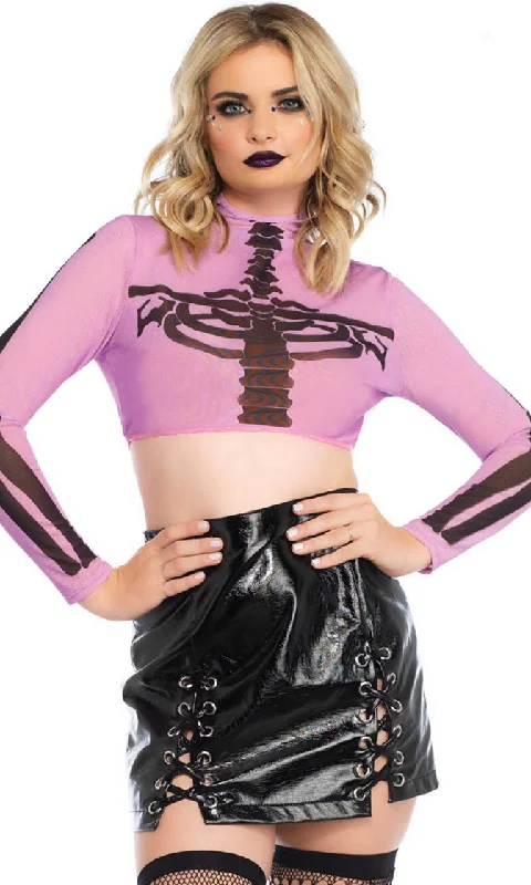 Seeing Through Me Sheer Mesh Skeleton Bones Pattern Long Sleeve Mock Neck Crop Top