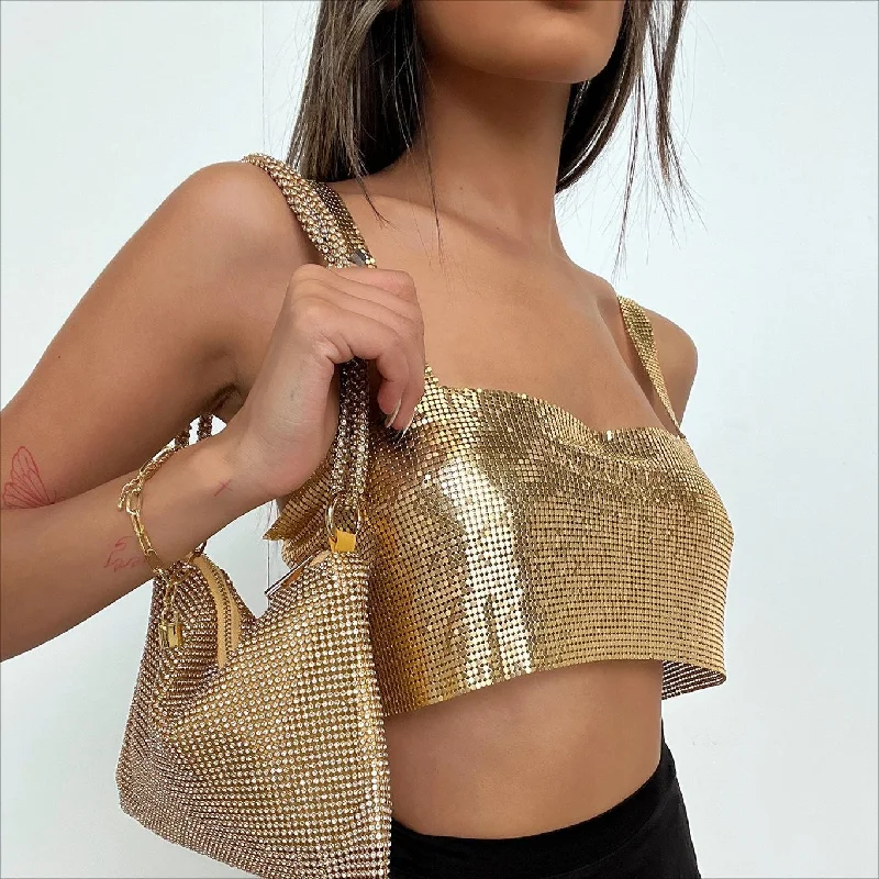 SHIHAN Gold color metal crop top New Sexy Tops Metal Sequin Chain metallic Top Sleeveless Customizable chain vest