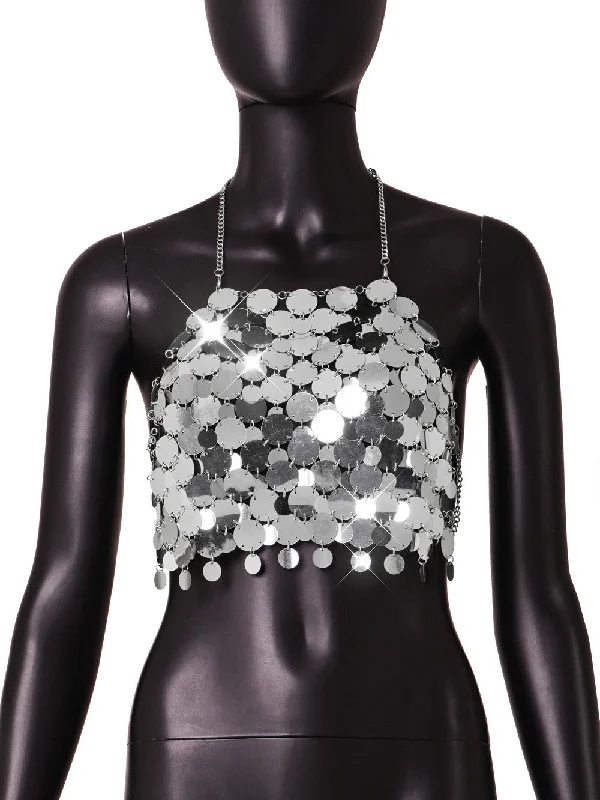 SHIHAN T20471 New Women Metal Mesh Crop Top Backless Chain Decor Shiny Halter Cropped Top Night Club Party Beach Wear Tops