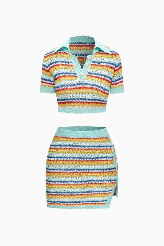 Stripe Open Knit Crop Top And Slit Mini Skirt Set