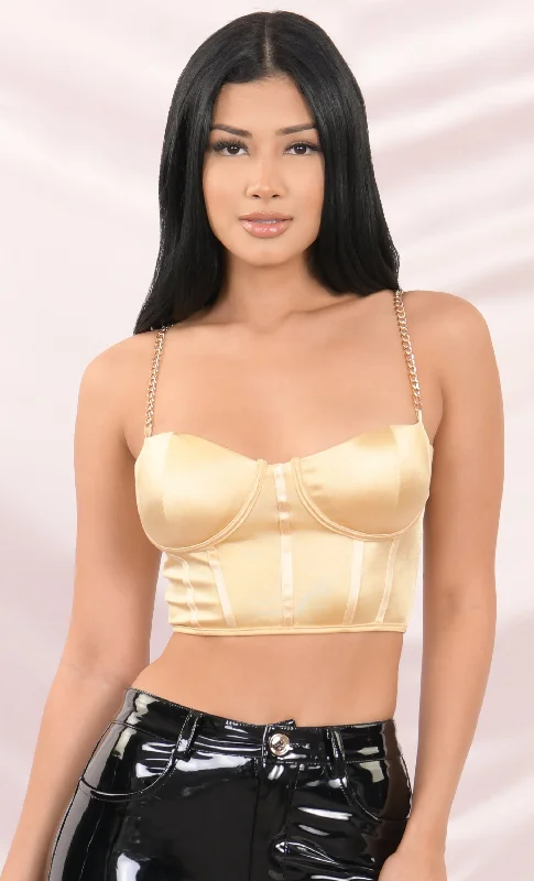 Take It Off Golden Yellow Satin Sleeveless Chain Strap Padded Bustier Crop Tank Top