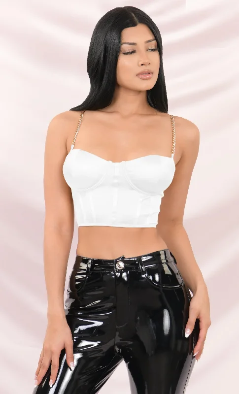 Take It Off White Satin Sleeveless Chain Strap Padded Bustier Crop Tank Top