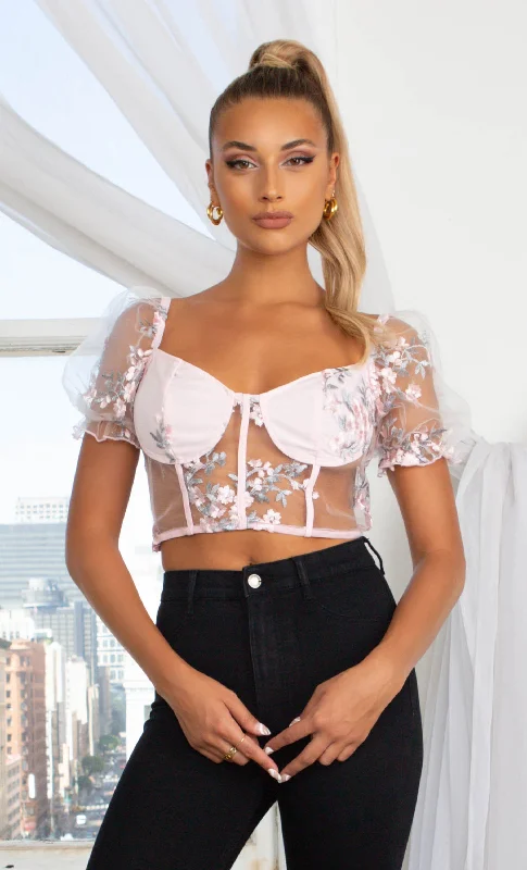 Turn On The Charm Pink Floral Pattern Sheer Mesh Short Puff Sleeve V Neck Bustier Crop Top Blouse