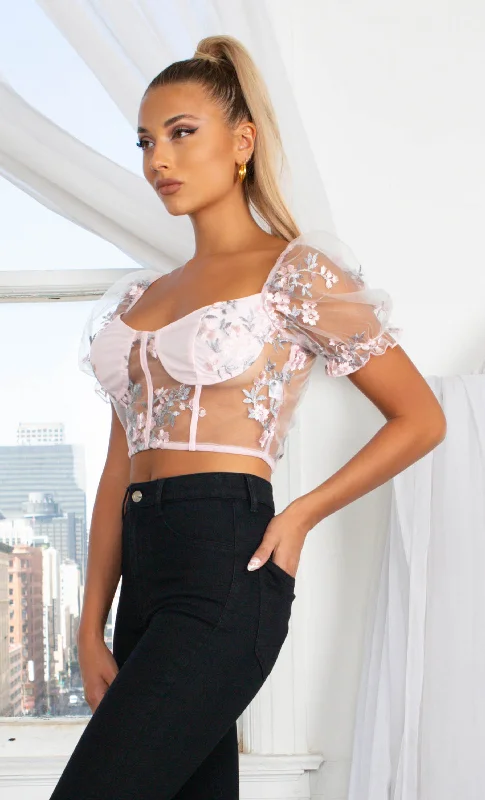 Turn On The Charm Pink Floral Pattern Sheer Mesh Short Puff Sleeve V Neck Bustier Crop Top Blouse