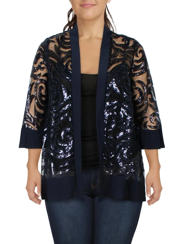 Womens Sequined Open Front Collarless Blazer