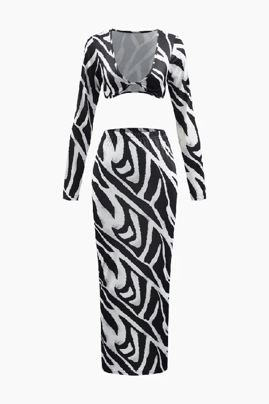 Zebra-print V-neck Crop Top And Maxi Skirt Set